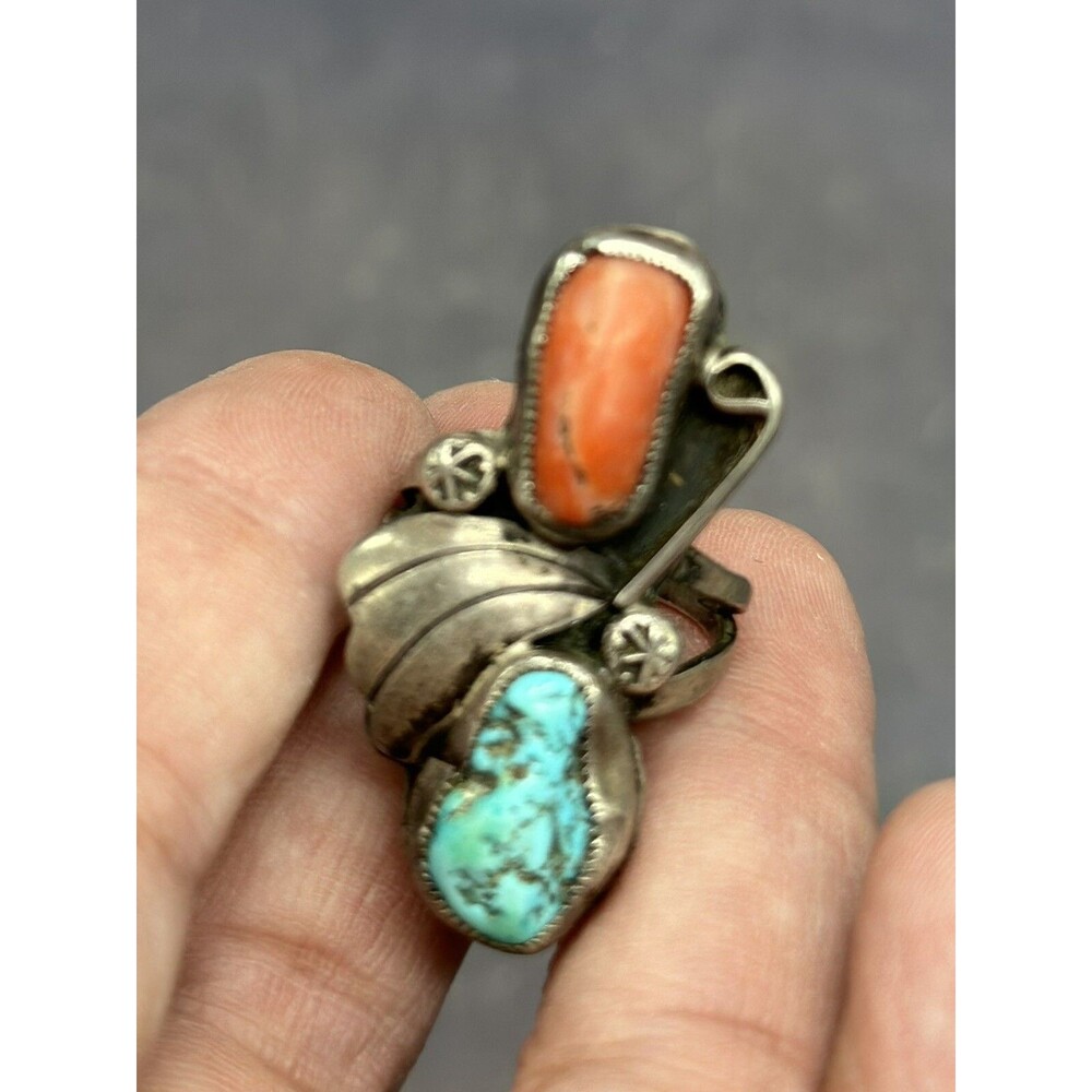 Navajo Native American Sterling Silver Turquoise Coral Leaf Swirl RING - Picture 8 of 8